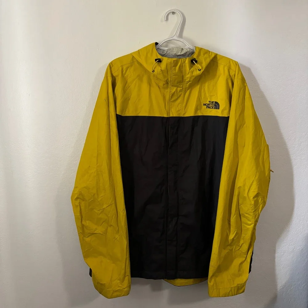 The North Face HyVent Rain Jacket Mens XL Yellow Black Colorblock Vintage Hooded